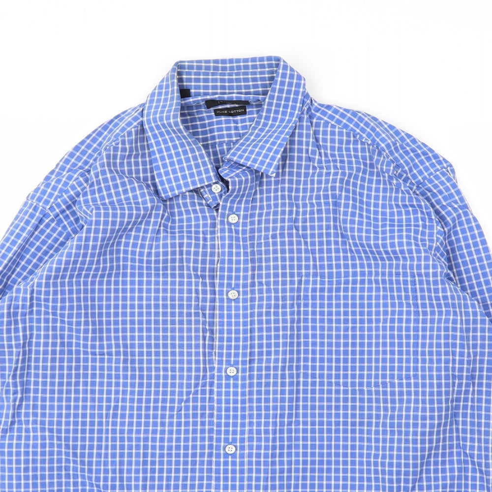 NEXT Mens Blue Check Cotton  Button-Up Size 17.5 Collared Button