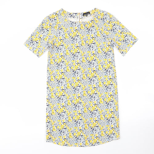 Warehouse Womens Yellow Floral Polyester Shift  Size 8  Round Neck Zip