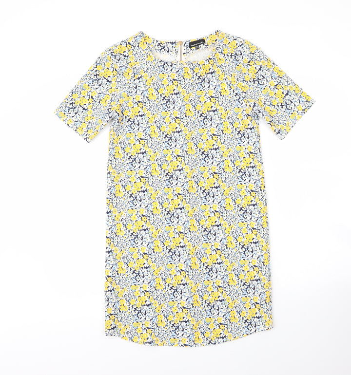 Warehouse Womens Yellow Floral Polyester Shift Size 8 Round Neck Zip