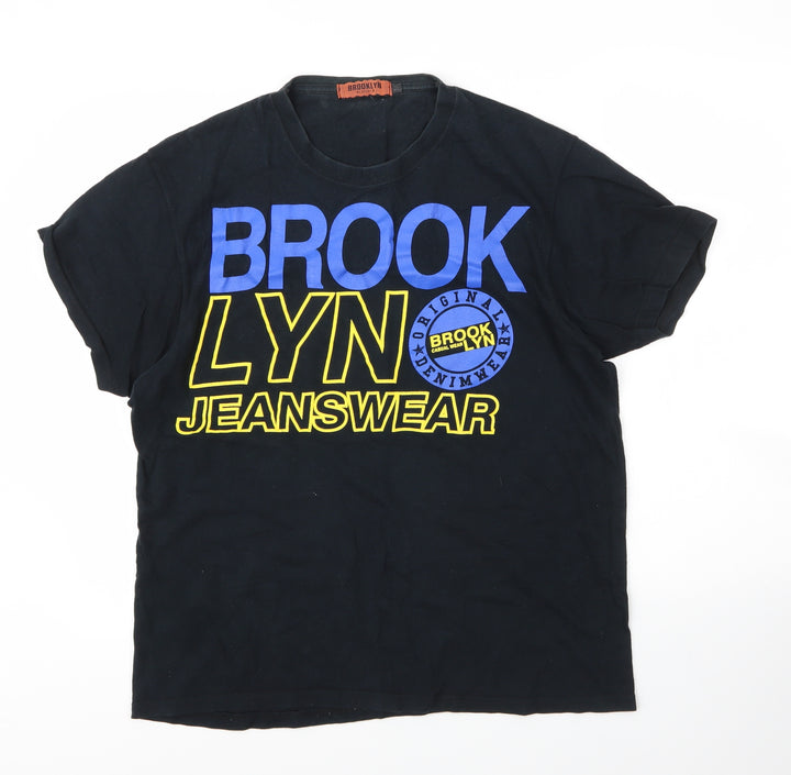 Brooklyn Mens Black Cotton T-Shirt Size M Round Neck