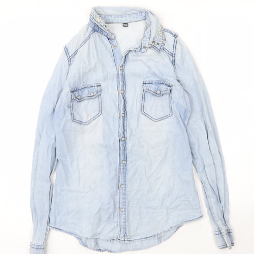 Pimkie Womens Blue  Cotton Basic Blouse Size S Collared - Pearls