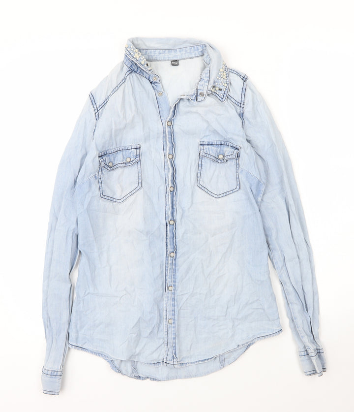 Pimkie Womens Blue Cotton Basic Blouse Size S Collared - Pearls