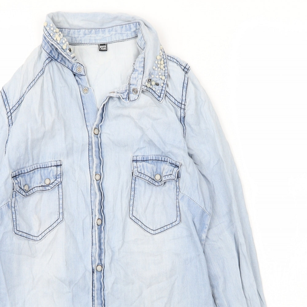 Pimkie Womens Blue  Cotton Basic Blouse Size S Collared - Pearls