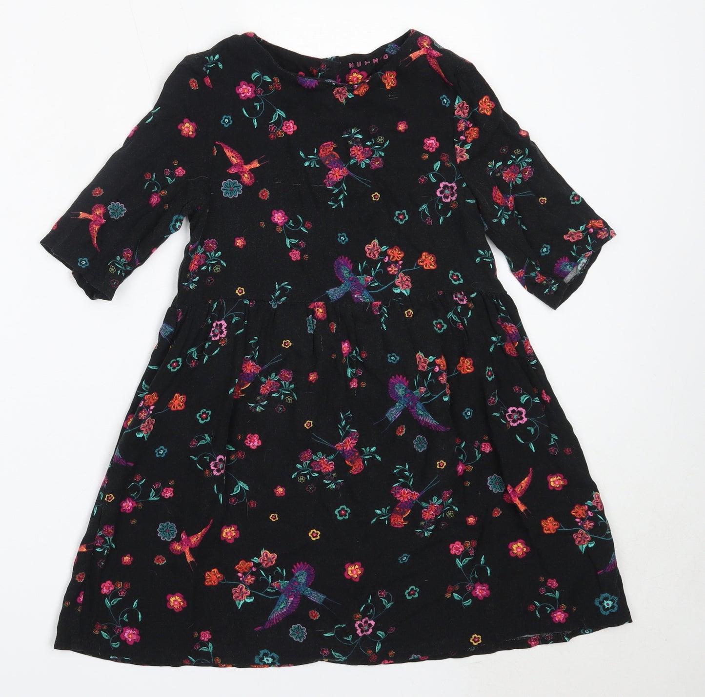 Nutmeg Girls Black Floral Viscose Fit & Flare  Size 8-9 Years  Round Neck