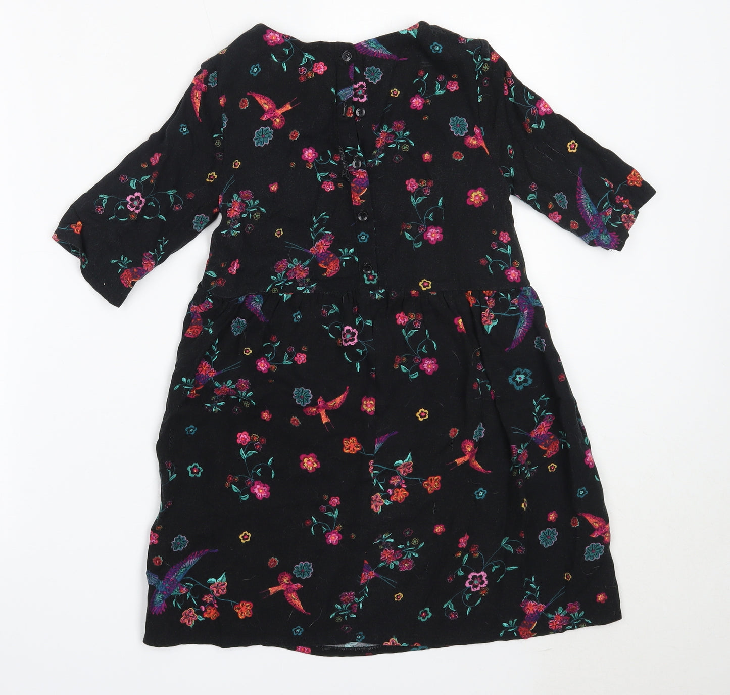 Nutmeg Girls Black Floral Viscose Fit & Flare  Size 8-9 Years  Round Neck