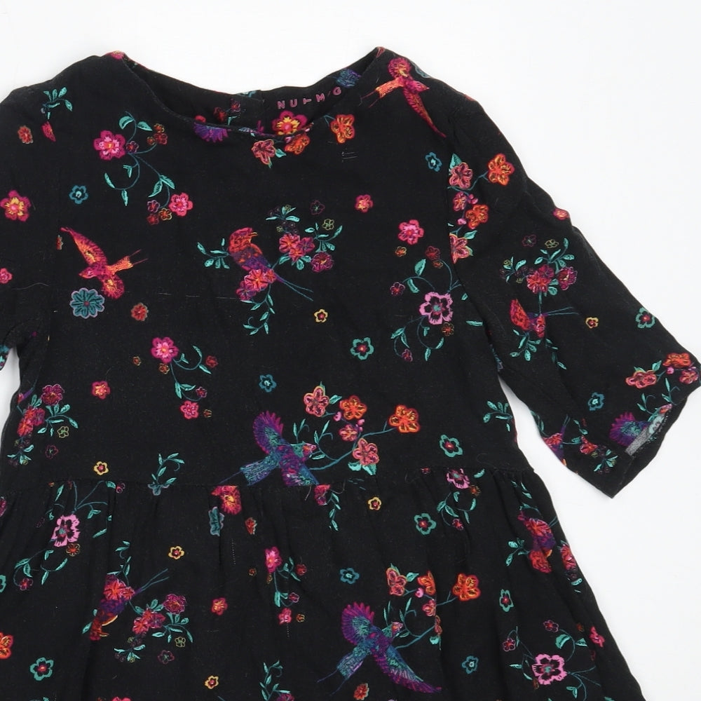 Nutmeg Girls Black Floral Viscose Fit & Flare  Size 8-9 Years  Round Neck