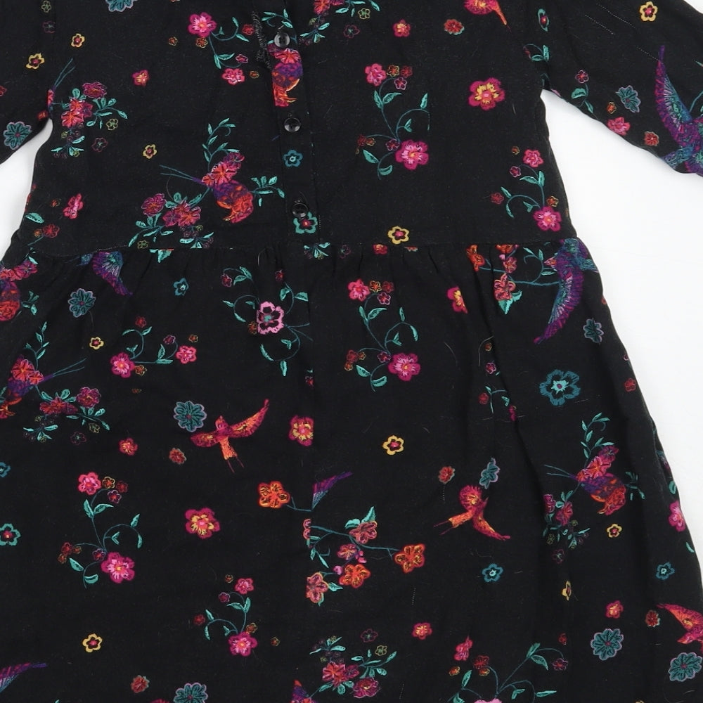 Nutmeg Girls Black Floral Viscose Fit & Flare  Size 8-9 Years  Round Neck