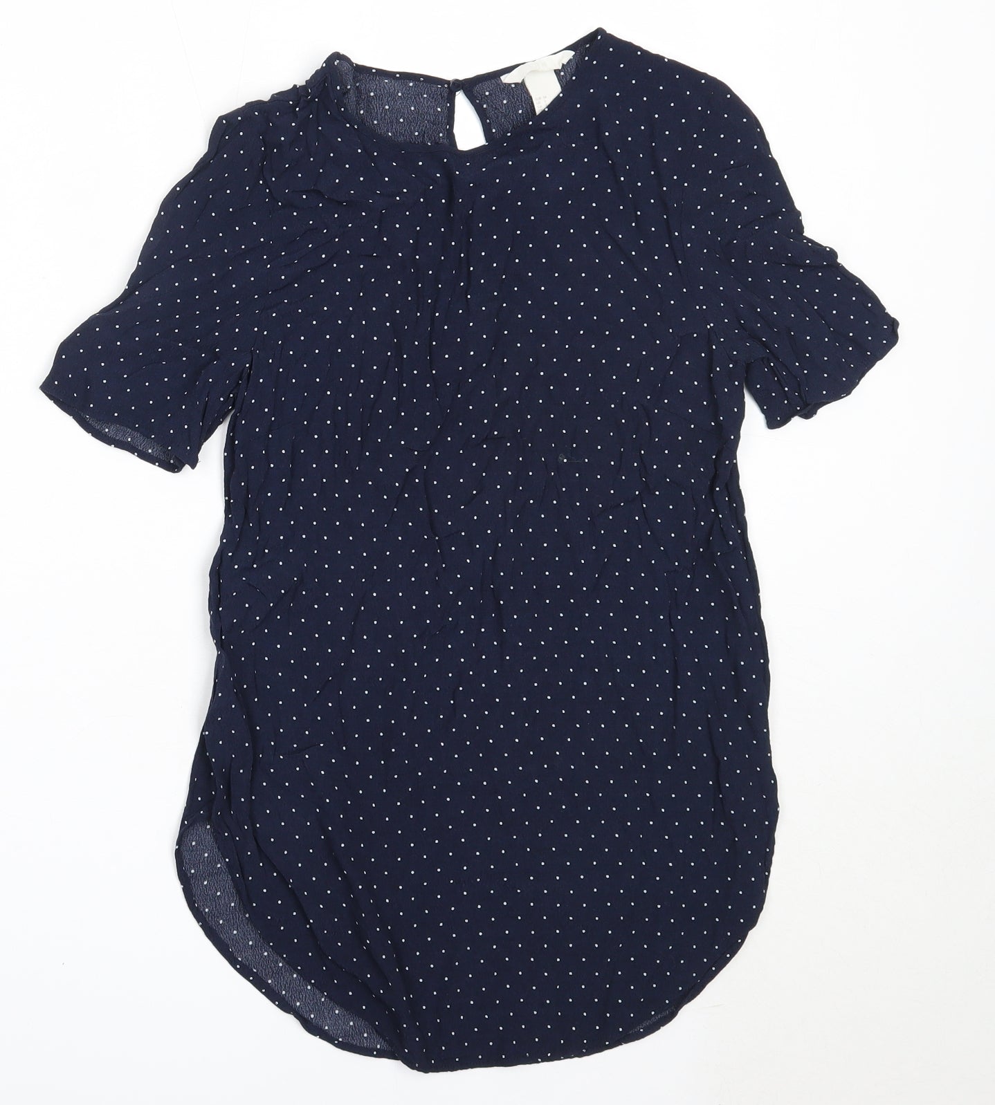 H&M Womens Blue Polka Dot Viscose Basic Blouse Size 34 Round Neck