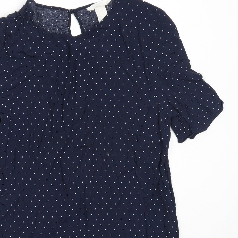 H&M Womens Blue Polka Dot Viscose Basic Blouse Size 34 Round Neck