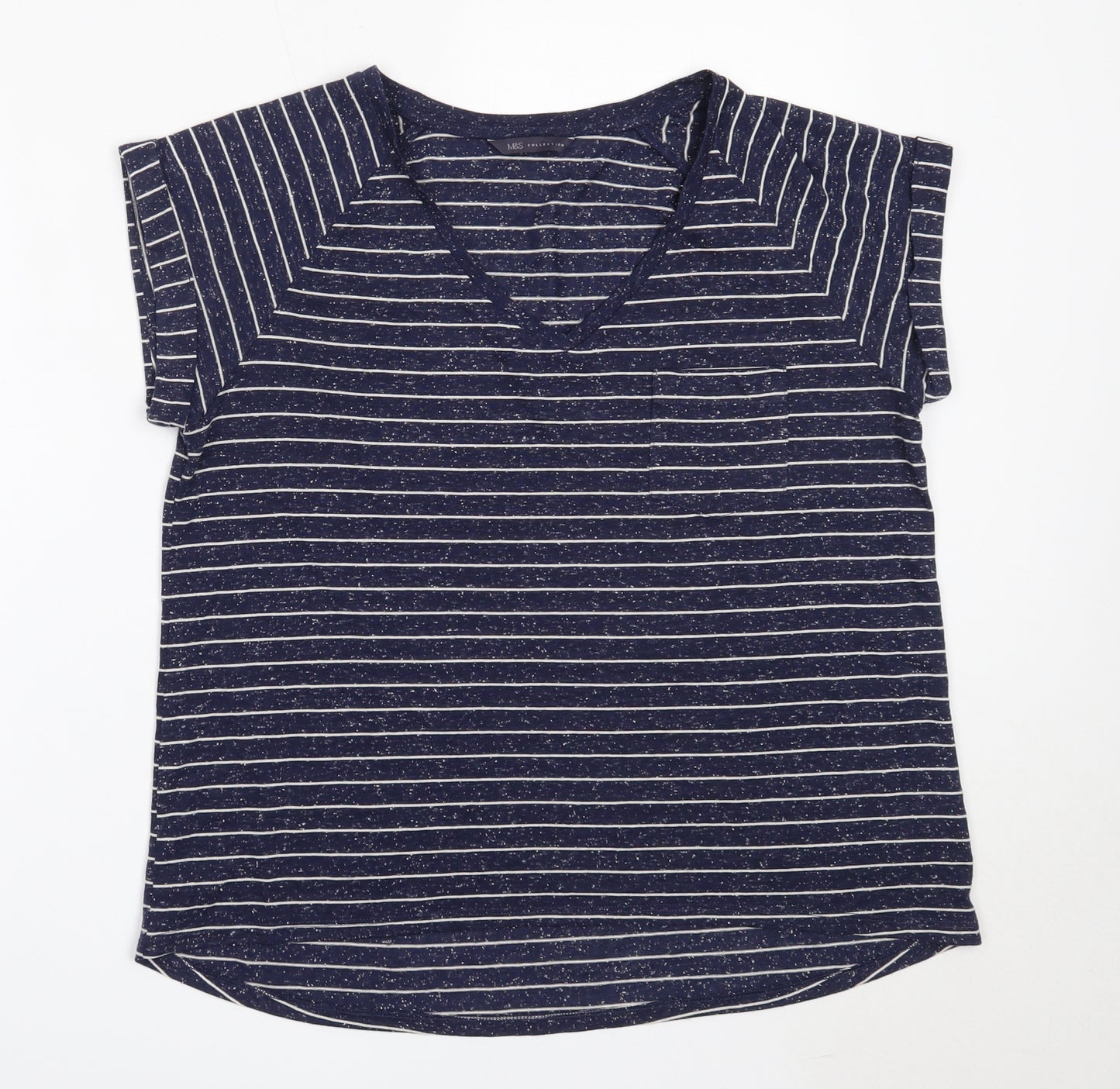 Marks and Spencer Womens Blue Striped Polyester Basic T-Shirt Size 16 V-Neck