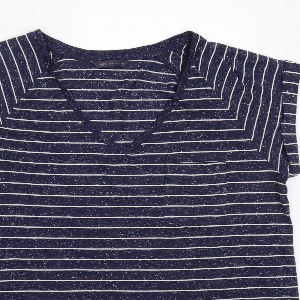 Marks and Spencer Womens Blue Striped Polyester Basic T-Shirt Size 16 V-Neck