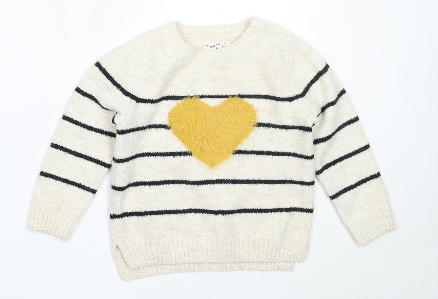 F&F Girls Ivory Round Neck Striped Acrylic Pullover Jumper Size 3-4 Years