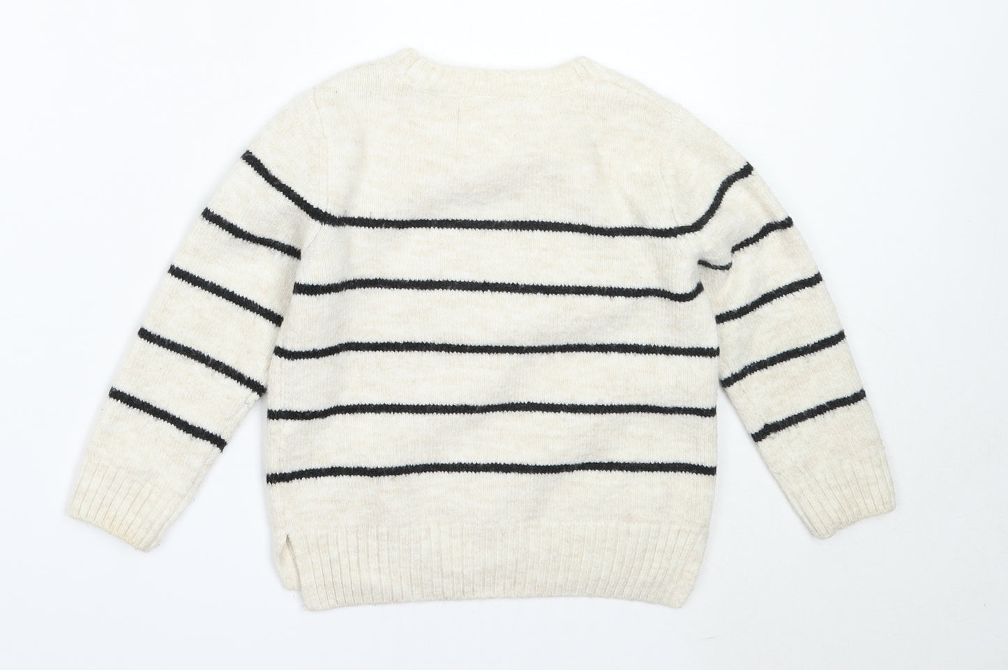 F&F Girls Ivory Round Neck Striped Acrylic Pullover Jumper Size 3-4 Years