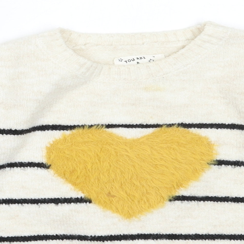 F&F Girls Ivory Round Neck Striped Acrylic Pullover Jumper Size 3-4 Years