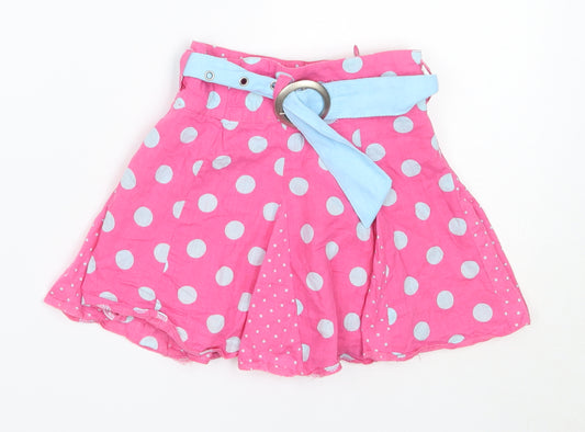 Front view of Pumpkin Patch girls’ pink polka dot cotton skater skirt, size 12, months