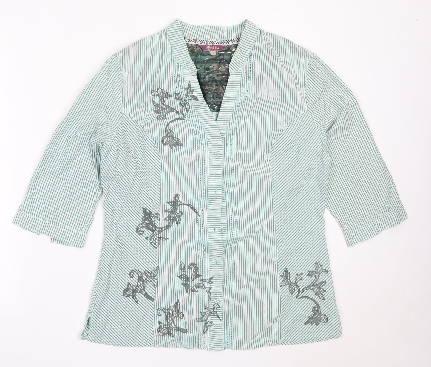 Fat Face Womens Green Striped Cotton Basic Button-Up Size 16 V-Neck