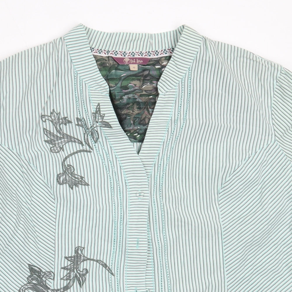 Fat Face Womens Green Striped Cotton Basic Button-Up Size 16 V-Neck