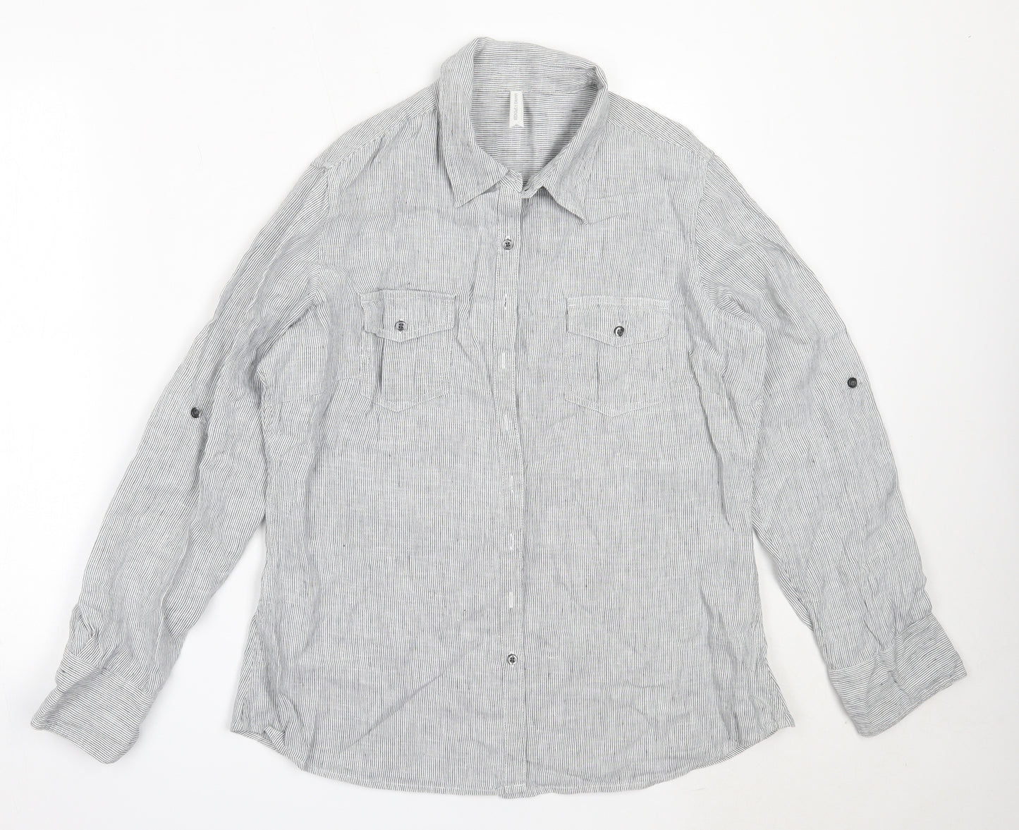 Marks and Spencer Womens Grey Striped Linen Basic Button-Up Size 16 Collared