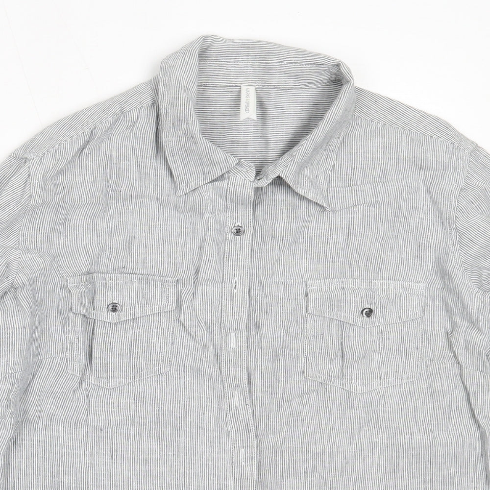 Marks and Spencer Womens Grey Striped Linen Basic Button-Up Size 16 Collared