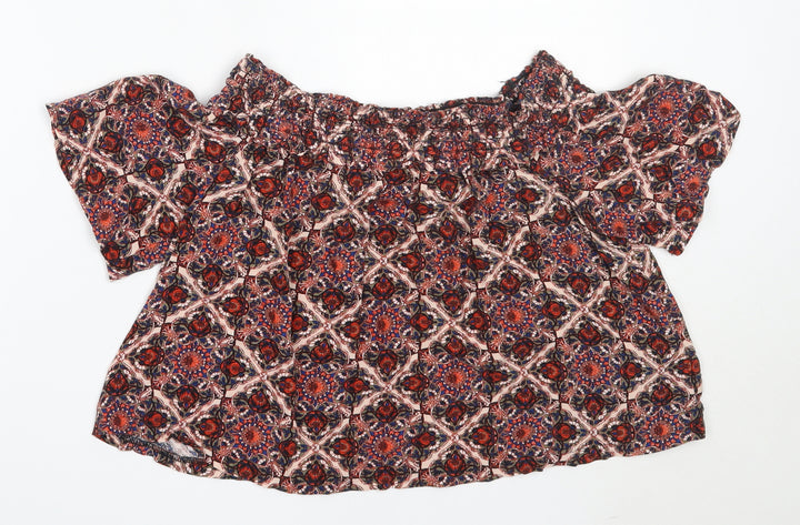 Topshop Womens Red Geometric Viscose Basic Blouse Size 8 Off the Shoulder
