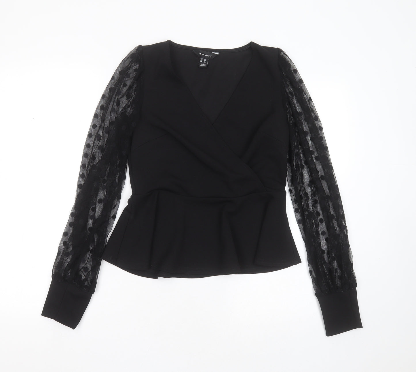 New Look Womens Black  Polyester Basic Blouse Size 10 V-Neck - sheer sleeves