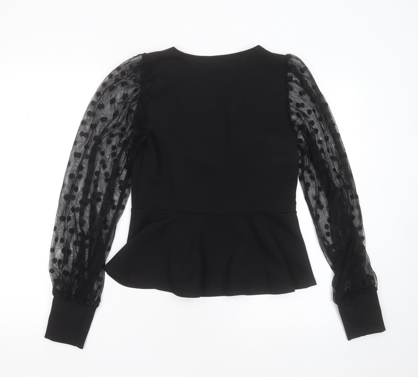 New Look Womens Black  Polyester Basic Blouse Size 10 V-Neck - sheer sleeves