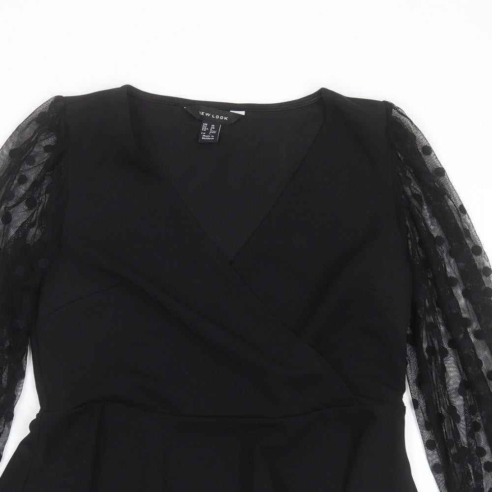 New Look Womens Black  Polyester Basic Blouse Size 10 V-Neck - sheer sleeves