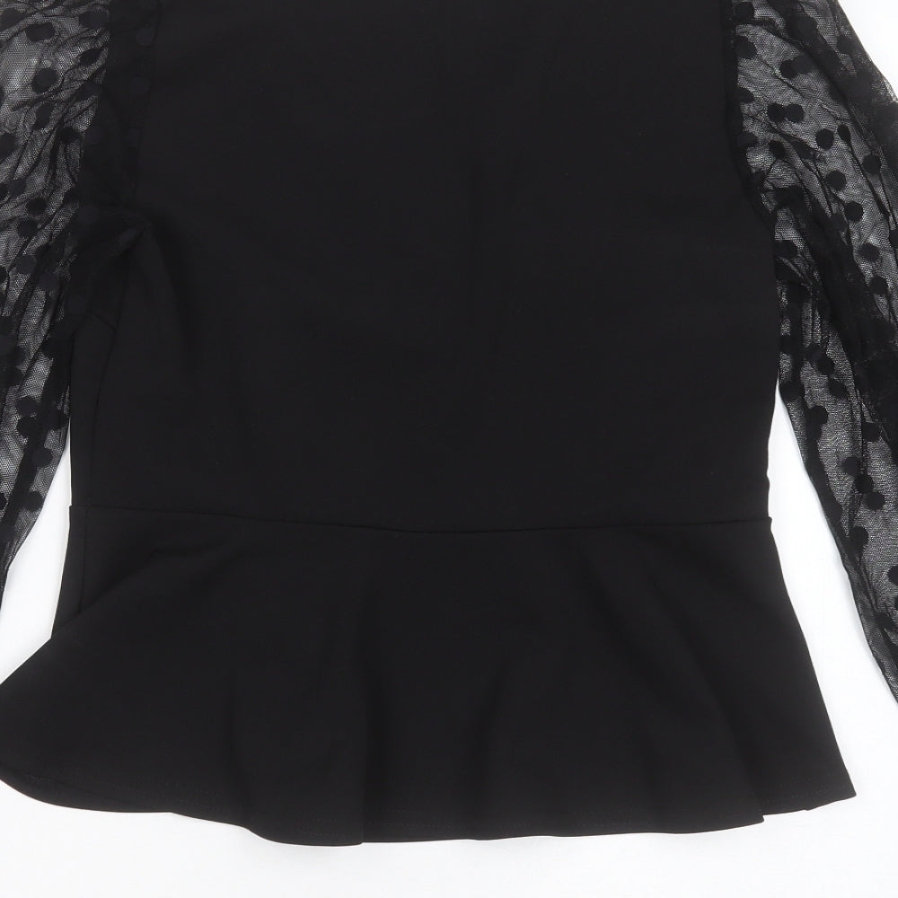 New Look Womens Black  Polyester Basic Blouse Size 10 V-Neck - sheer sleeves