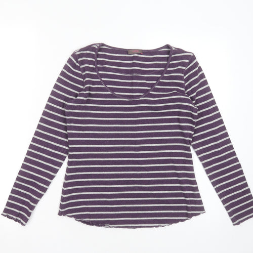 WRAP Womens Purple Striped Cotton Basic T-Shirt Size 10 Round Neck