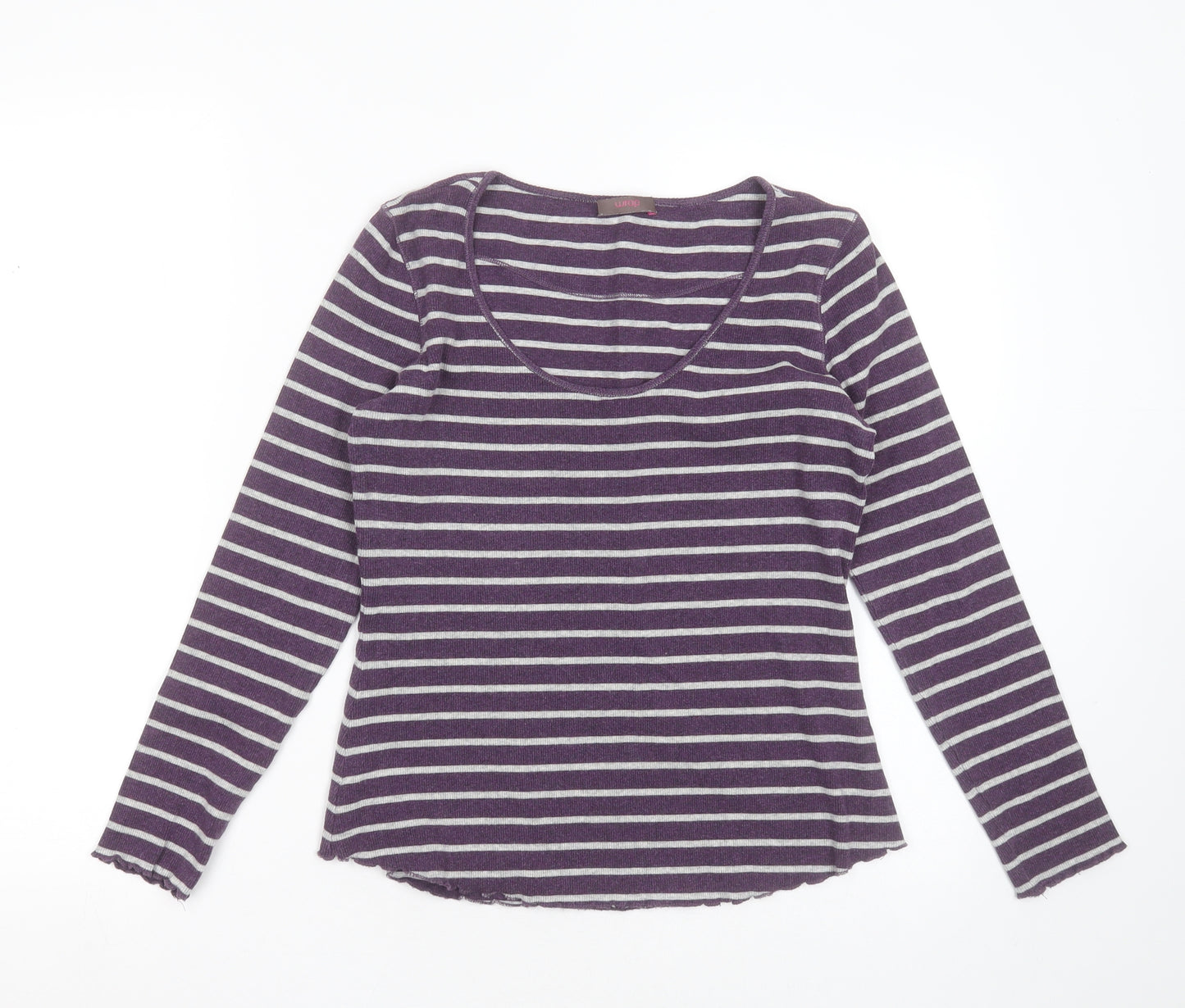 WRAP Womens Purple Striped Cotton Basic T-Shirt Size 10 Round Neck