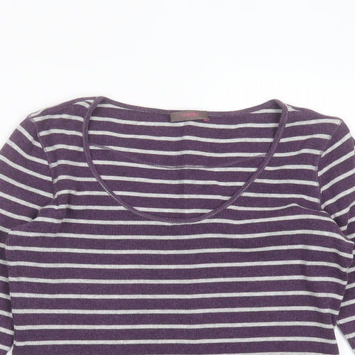 WRAP Womens Purple Striped Cotton Basic T-Shirt Size 10 Round Neck