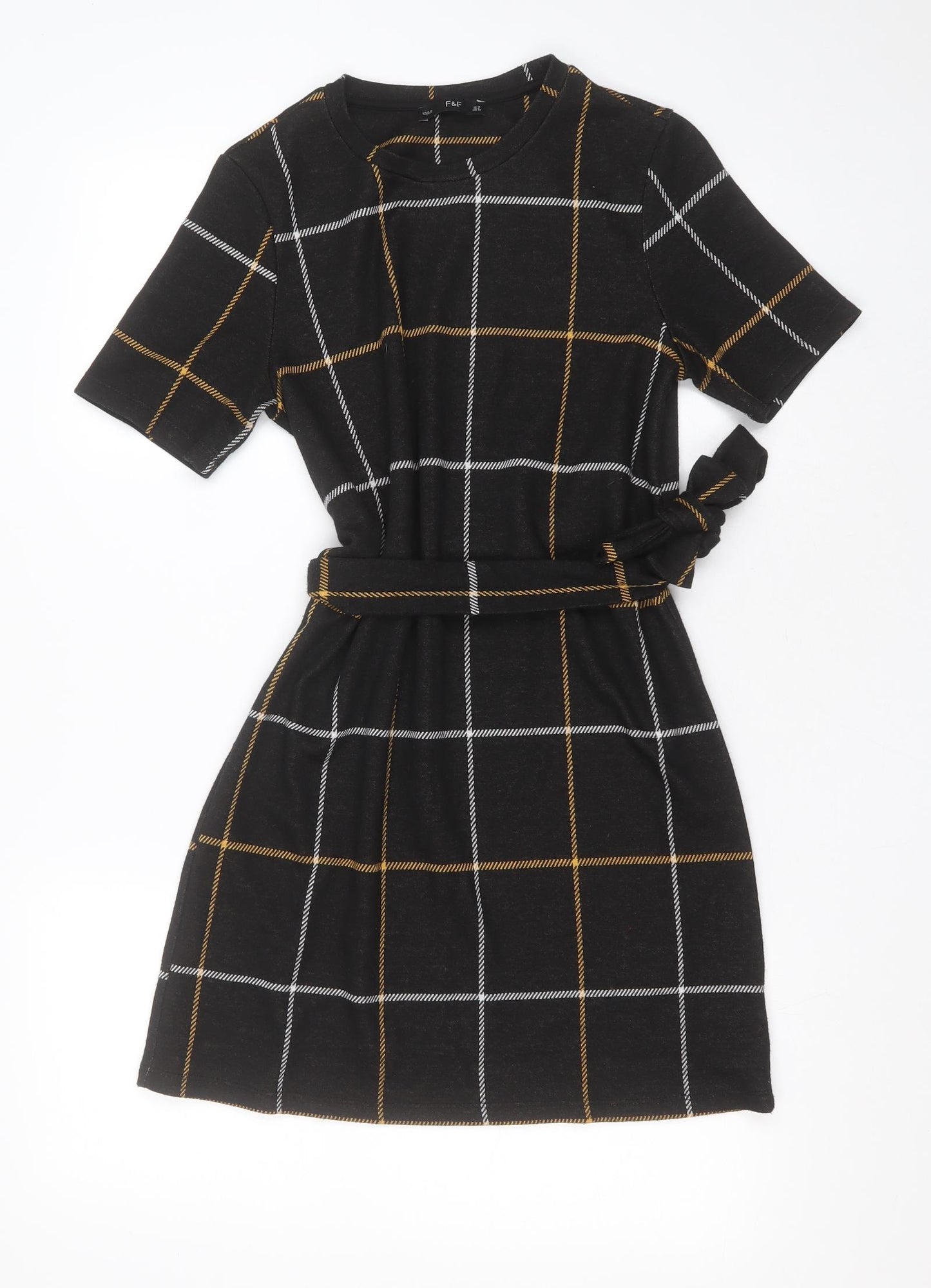 F&F Womens Black Check Polyester T-Shirt Dress  Size 10  Round Neck