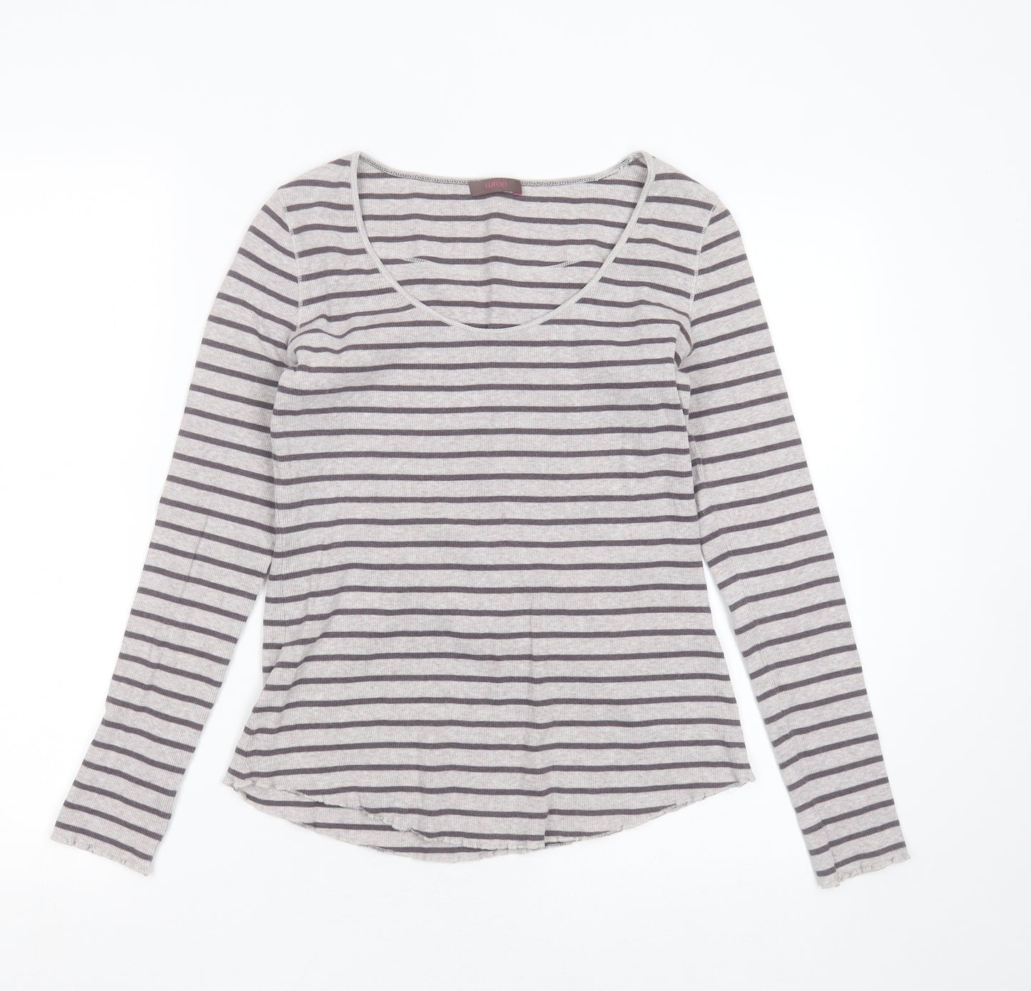 WRAP Womens Grey Striped Cotton Basic T-Shirt Size 10 Round Neck