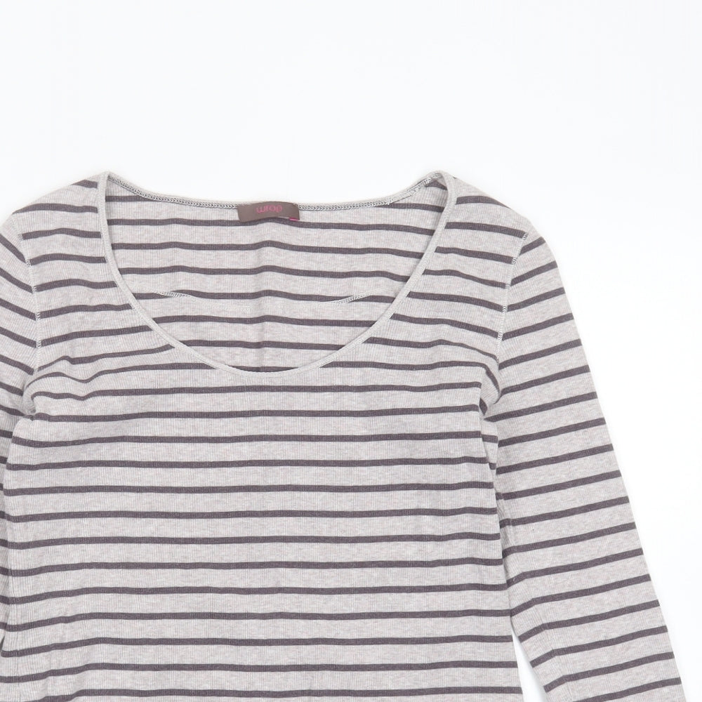 WRAP Womens Grey Striped Cotton Basic T-Shirt Size 10 Round Neck