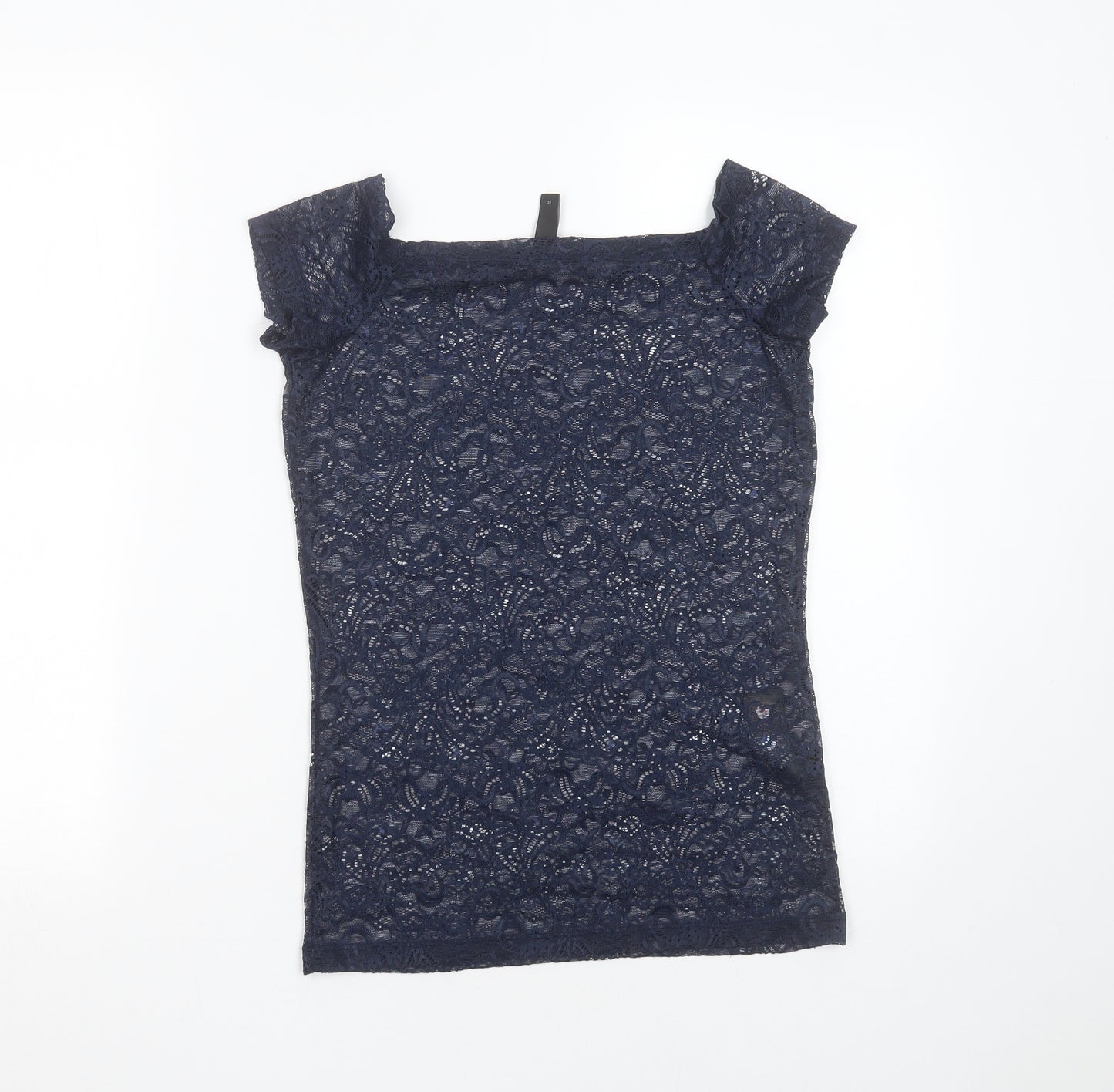 YAS  Womens Blue Floral Polyamide Basic Blouse Size 6 Round Neck - sheer lace