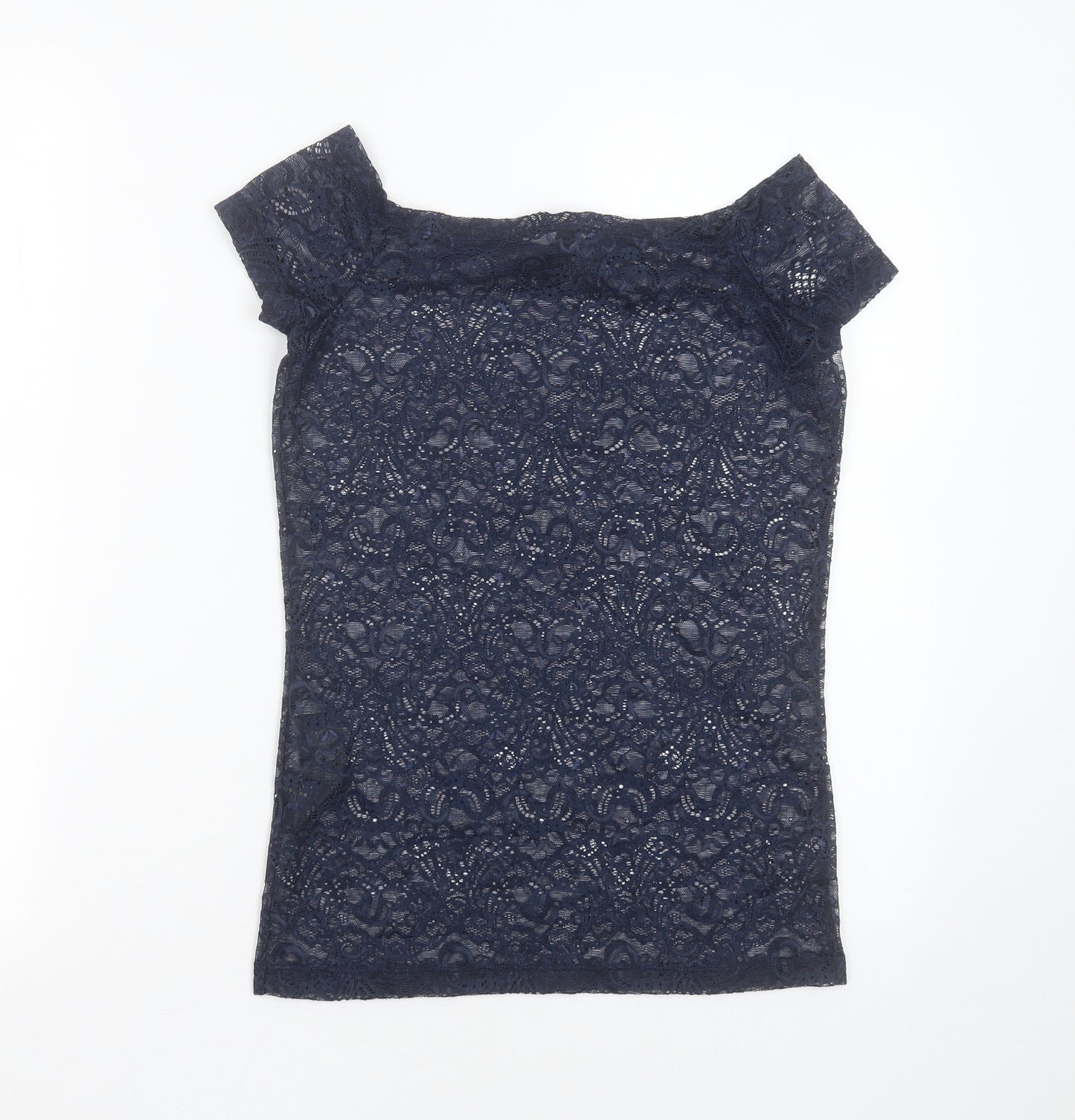 YAS  Womens Blue Floral Polyamide Basic Blouse Size 6 Round Neck - sheer lace