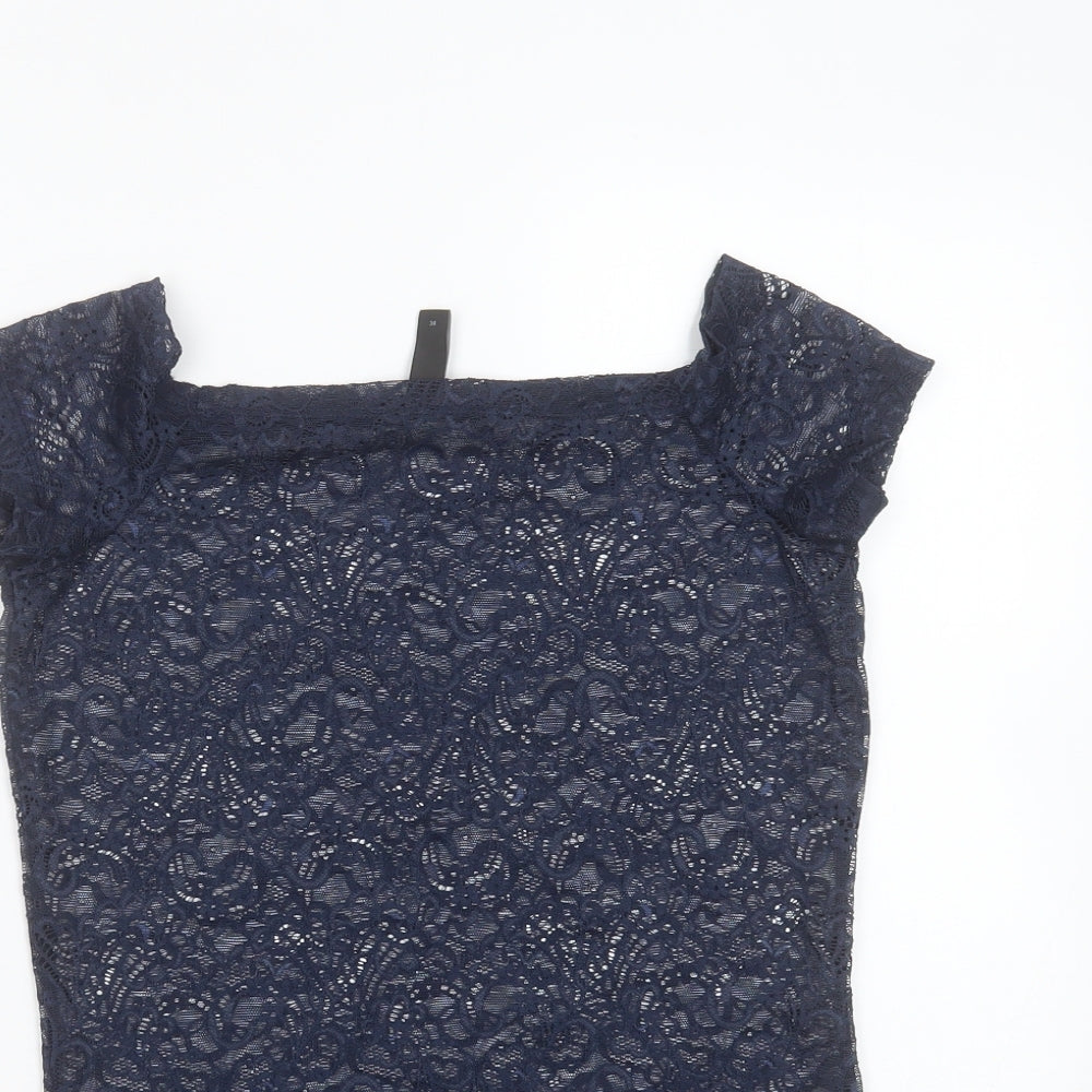 YAS  Womens Blue Floral Polyamide Basic Blouse Size 6 Round Neck - sheer lace
