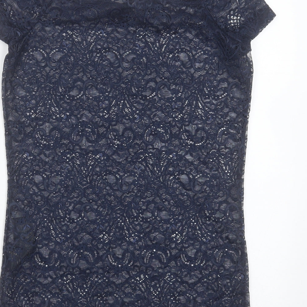 YAS  Womens Blue Floral Polyamide Basic Blouse Size 6 Round Neck - sheer lace