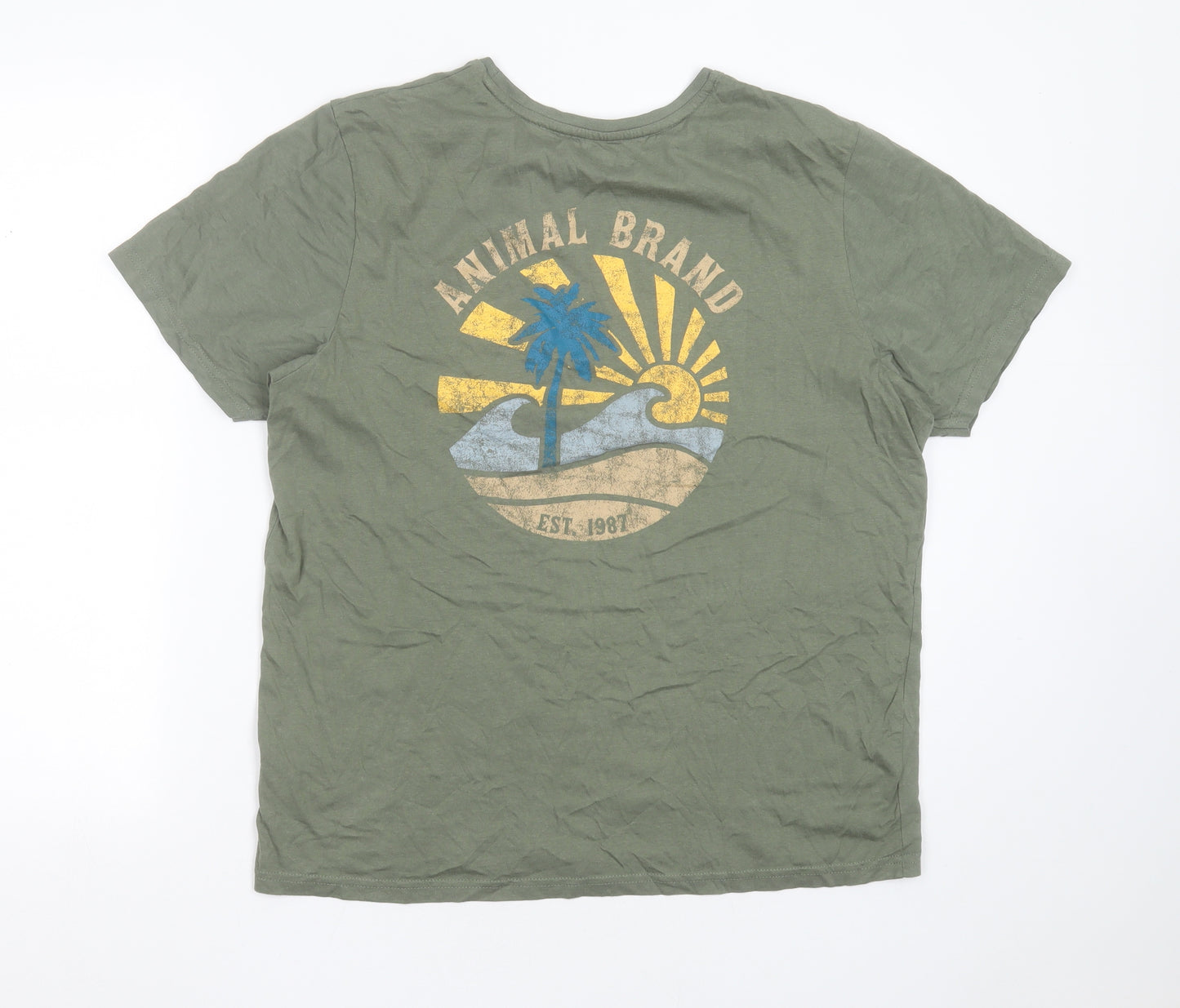 Animal Mens Green  Cotton  T-Shirt Size M Round Neck