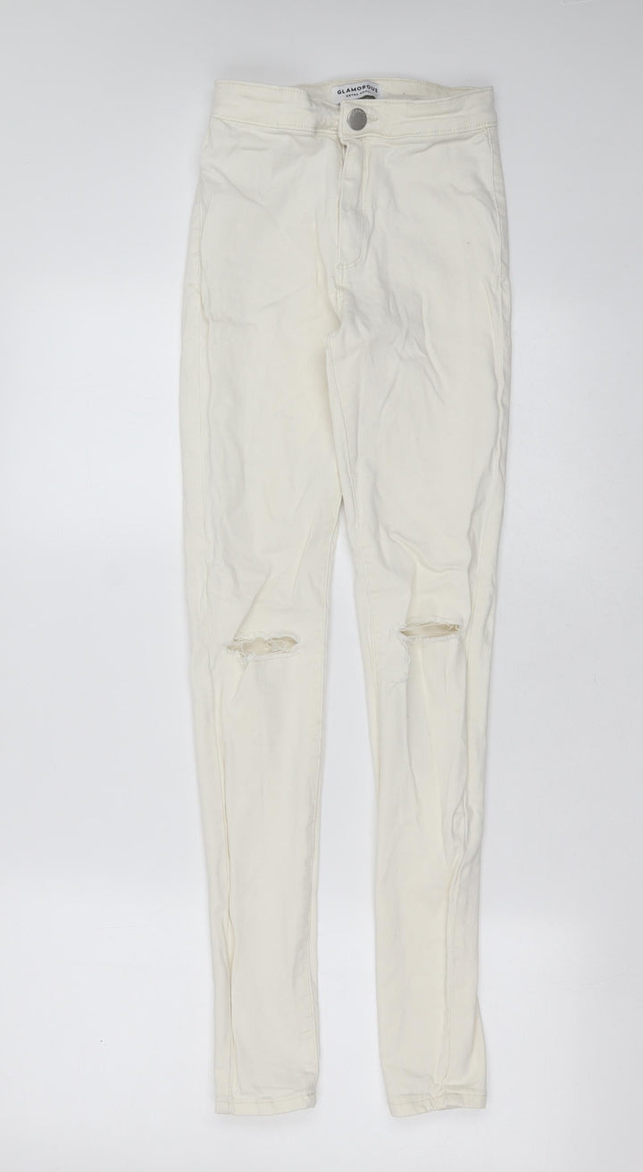 Glamorous Womens White Cotton Skinny Jeans Size XS L30 in Extra-Slim Zip