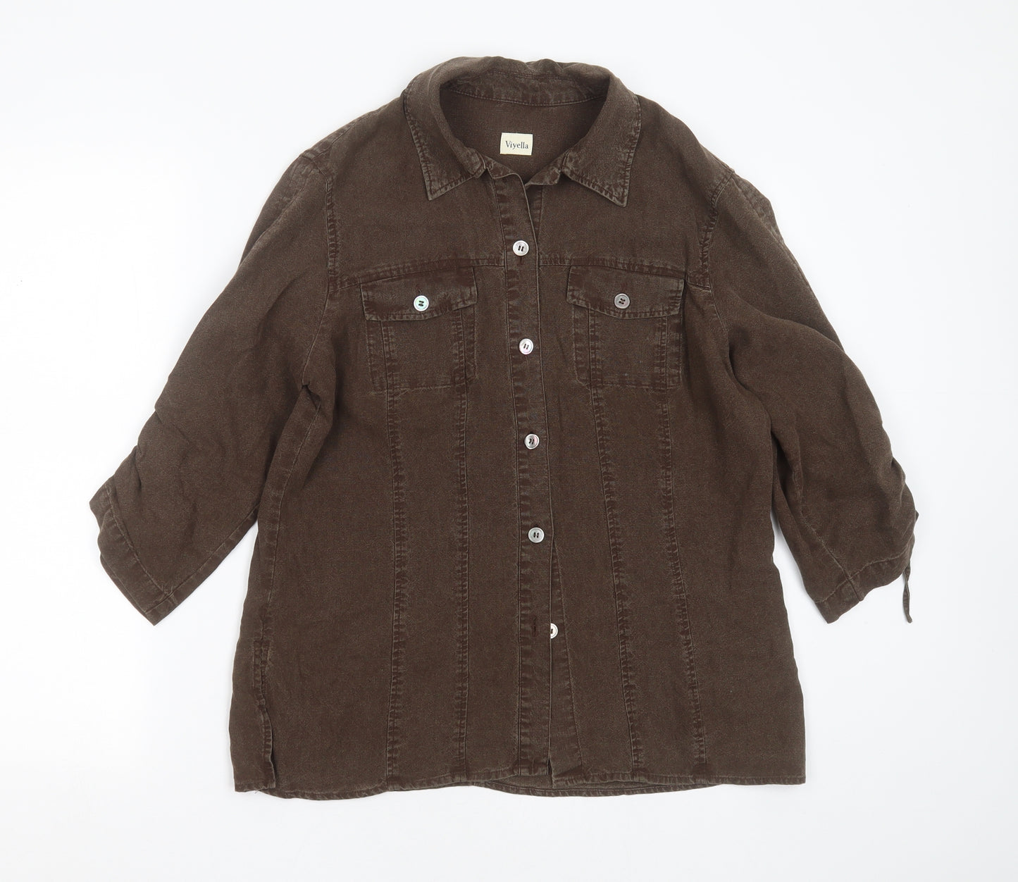 Viyella Womens Brown  Linen Basic Button-Up Size 18 Collared