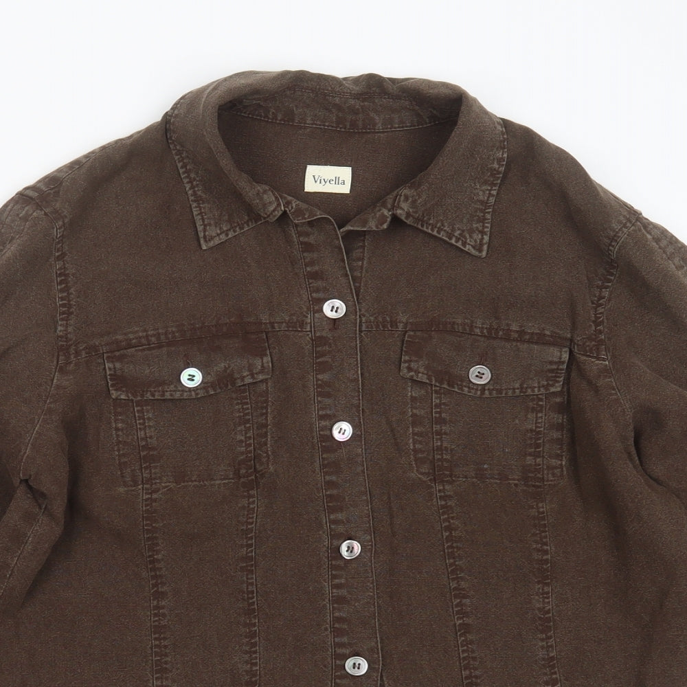 Viyella Womens Brown  Linen Basic Button-Up Size 18 Collared