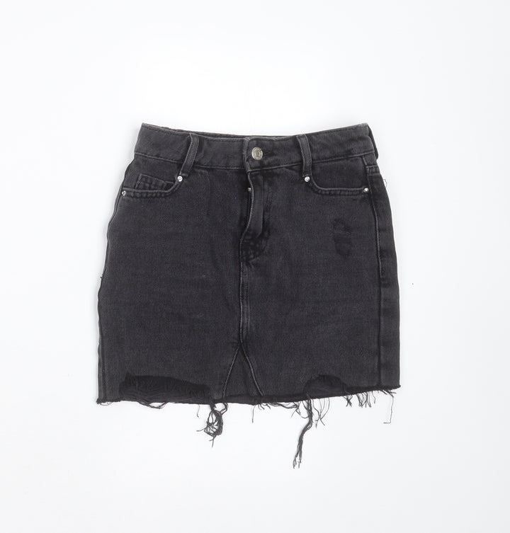 New Look Girls Grey Cotton Mini Skirt Size 9 Years Regular Zip - Distressed hem
