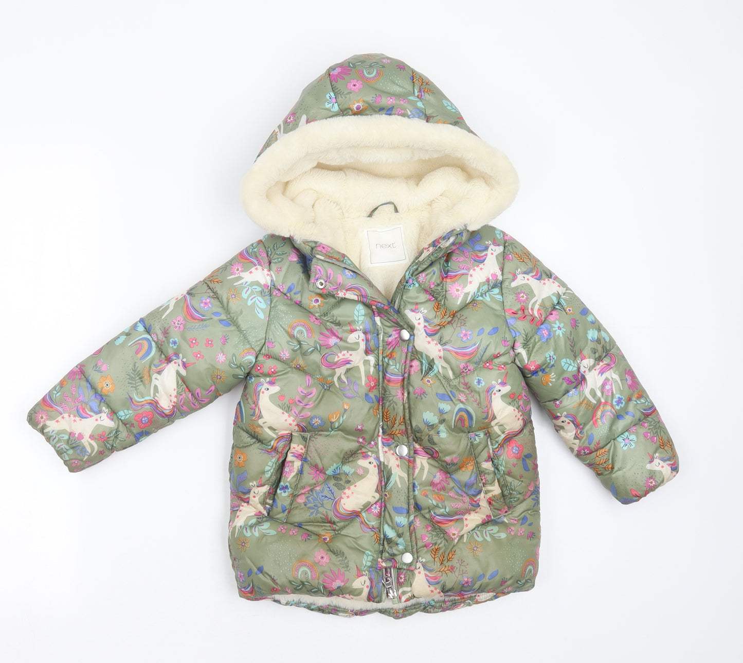 NEXT Girls Green Floral  Puffer Jacket Jacket Size 4-5 Years  Zip - unicorn