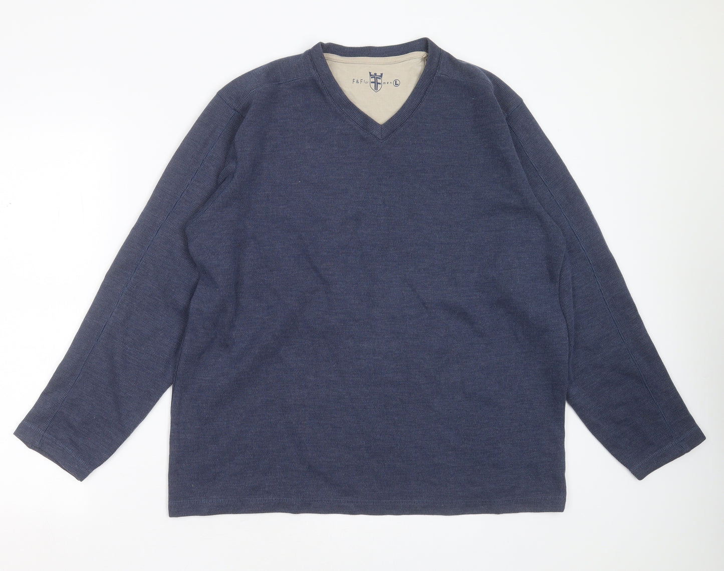 F&F Mens Blue V-Neck  Cotton Pullover Jumper Size L