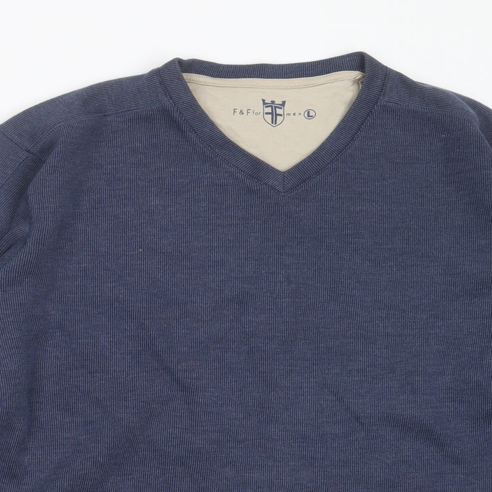 F&F Mens Blue V-Neck  Cotton Pullover Jumper Size L