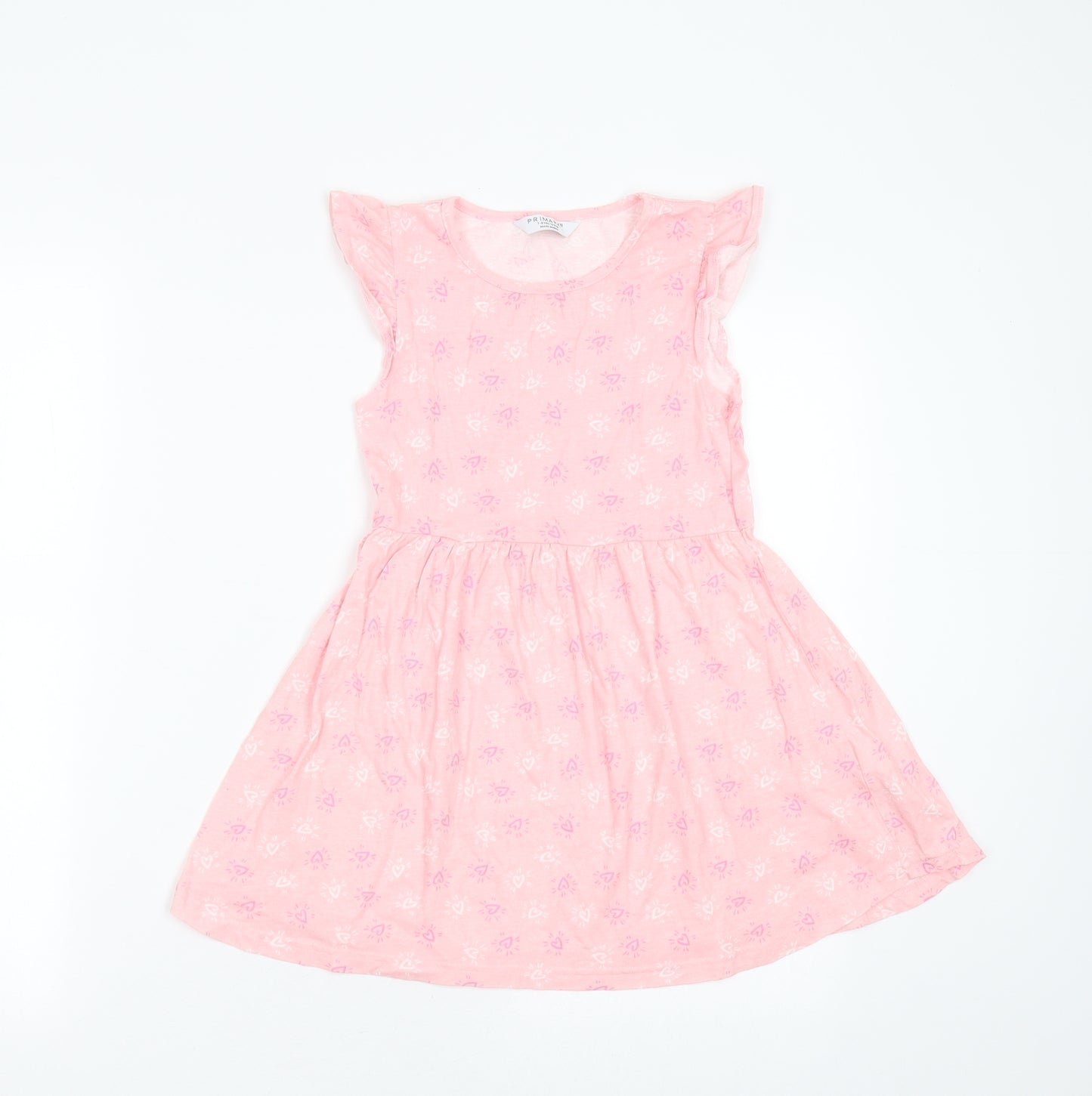 Primark Girls Pink  Cotton T-Shirt Dress  Size 7-8 Years  Round Neck  - Heart pattern