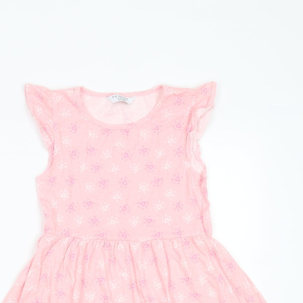 Primark Girls Pink  Cotton T-Shirt Dress  Size 7-8 Years  Round Neck  - Heart pattern