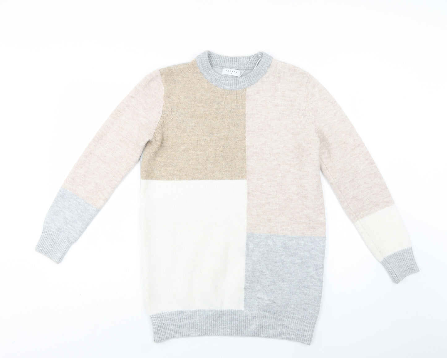 Papaya Womens Beige Crew Neck Geometric Acrylic Pullover Jumper Size M