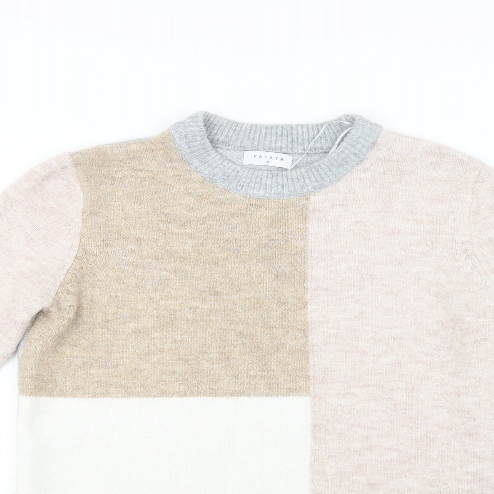 Papaya Womens Beige Crew Neck Geometric Acrylic Pullover Jumper Size M